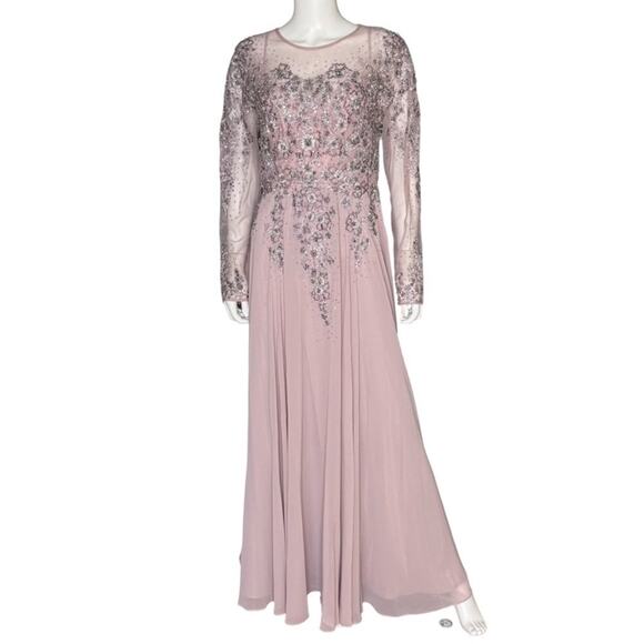 Mac Duggal High Neck Mesh Long Sleeve Embellished A Line Gown 20478 Womens Sz 14 - Picture 2 of 10